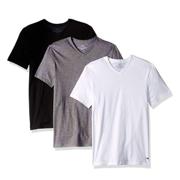 3 PACK MENS TOMMY HILFIGER ClSSIC V NECK TEE 100% COTTON Gray/white/Navy S New - Picture 1 of 16